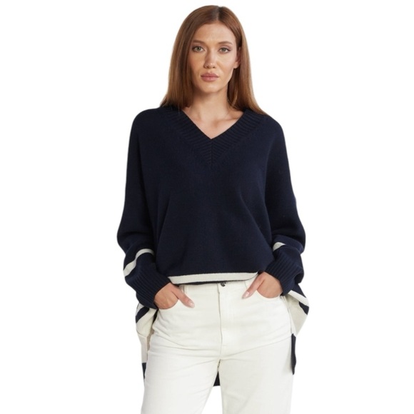 MAXMARA Nuraghe Striped V-Neck Knit Wool Sweater Navy Ivory Size M NEW - Picture 2 of 12